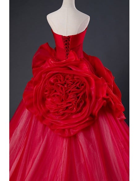 Stunning Ruffled Flowers Red Formal Ballgown Evening Dress Strapless