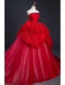 Stunning Ruffled Flowers Red Formal Ballgown Evening Dress Strapless