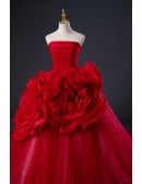 Stunning Ruffled Flowers Red Formal Ballgown Evening Dress Strapless