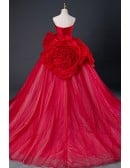 Stunning Ruffled Flowers Red Formal Ballgown Evening Dress Strapless