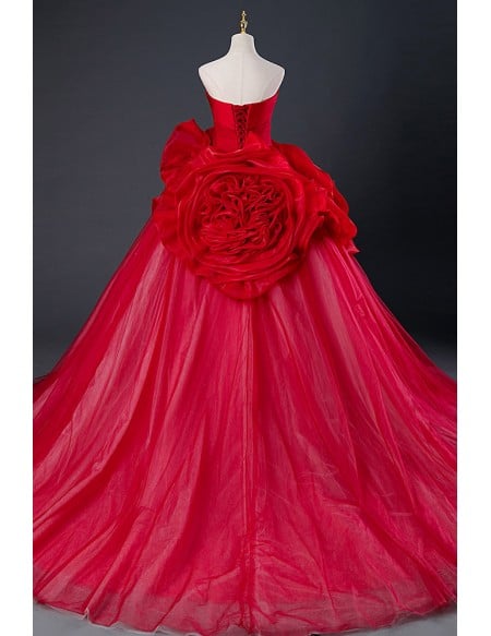 Stunning Ruffled Flowers Red Formal Ballgown Evening Dress Strapless