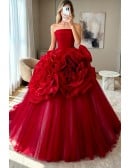 Stunning Ruffled Flowers Red Formal Ballgown Evening Dress Strapless