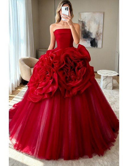 Stunning Ruffled Flowers Red Formal Ballgown Evening Dress Strapless