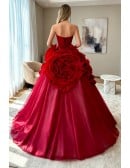 Stunning Ruffled Flowers Red Formal Ballgown Evening Dress Strapless
