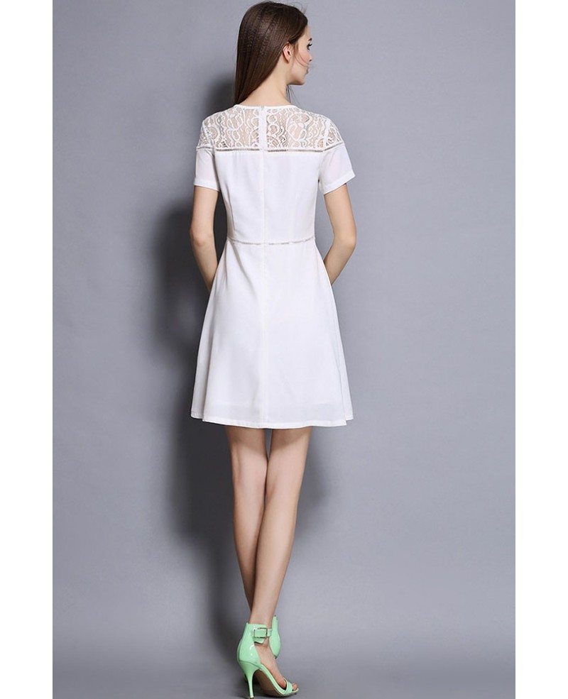 White A-Line Lace Chiffon Dress With Short Sleeves -GemGrace White A-Line Lace Chiffon Dress With Short Sleeves -GemGrace