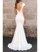 Stylish White Satin Mermaid Wedding Dress With Short Sleeves V-Neckline