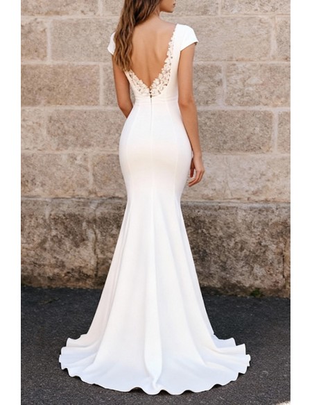 Stylish White Satin Mermaid Wedding Dress With Short Sleeves V-Neckline