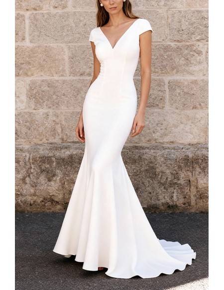 Stylish White Satin Mermaid Wedding Dress With Short Sleeves V-Neckline