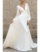 Simple White Chiffon Wedding Dress With Lantern Sleeves And V-Neckline