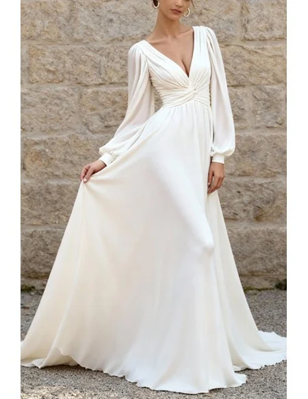 Simple White Chiffon Wedding Dress With Lantern Sleeves And V-Neckline
