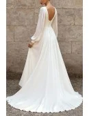 Simple White Chiffon Wedding Dress With Lantern Sleeves And V-Neckline