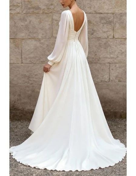 Simple White Chiffon Wedding Dress With Lantern Sleeves And V-Neckline