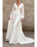 Simple White Chiffon Wedding Dress With Lantern Sleeves And V-Neckline
