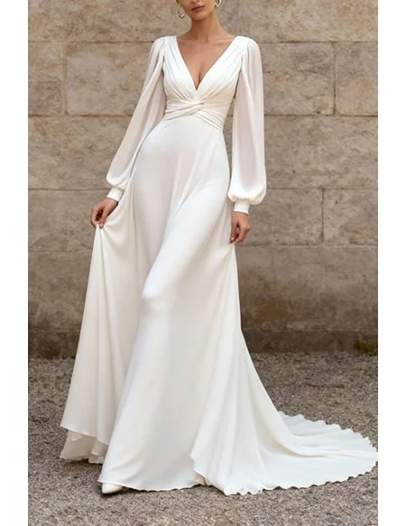 Simple White Chiffon Wedding Dress With Lantern Sleeves And V-Neckline