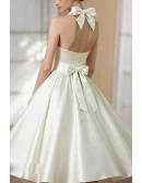 Retro Tea Length Satin Wedding Dress Halter With Bow Accented Straps
