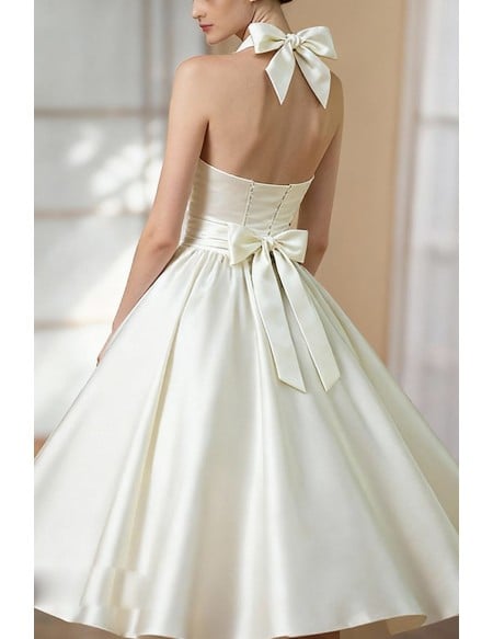 Retro Tea Length Satin Wedding Dress Halter With Bow Accented Straps