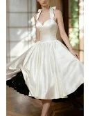 Retro Tea Length Satin Wedding Dress Halter With Bow Accented Straps