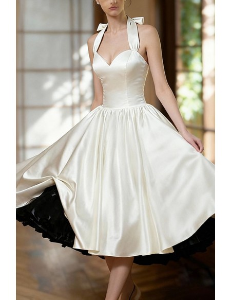 Retro Tea Length Satin Wedding Dress Halter With Bow Accented Straps