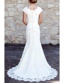 Elegant White V-Neck Fitted Wedding Dress With Cap Sleeves And Lace Detailing