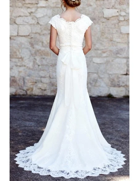 Elegant White V-Neck Fitted Wedding Dress With Cap Sleeves And Lace Detailing