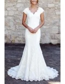 Elegant White V-Neck Fitted Wedding Dress With Cap Sleeves And Lace Detailing