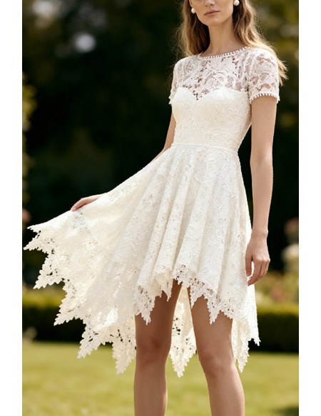 Ivory Lace Short Wedding Gown Featuring Scalloped Edges And High-Low Skirt