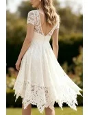 Ivory Lace Short Wedding Gown Featuring Scalloped Edges And High-Low Skirt