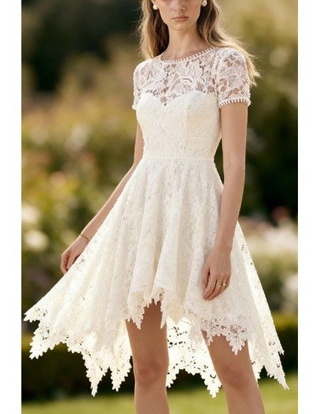 Ivory Lace Short Wedding Gown Featuring Scalloped Edges And High-Low Skirt