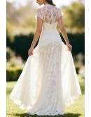 Gorgeous White Lace Wedding Dress With Short Sleeves And Sheer Neckline