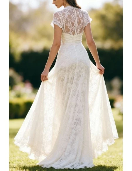 Gorgeous White Lace Wedding Dress With Short Sleeves And Sheer Neckline