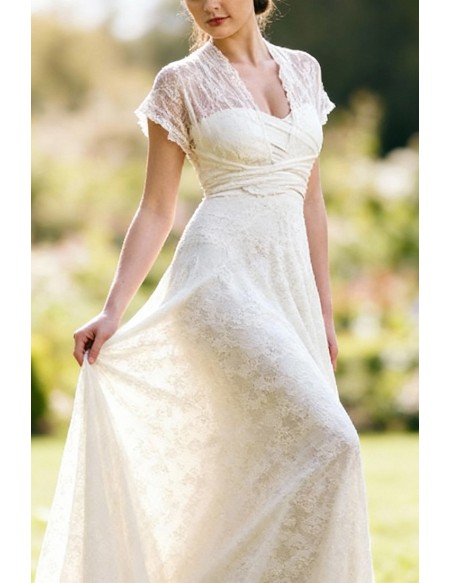 Gorgeous White Lace Wedding Dress With Short Sleeves And Sheer Neckline