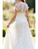 Gorgeous White Lace Wedding Dress With Short Sleeves And Sheer Neckline