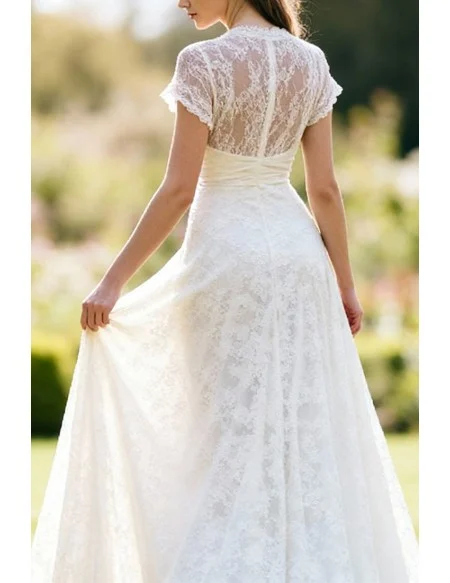 Gorgeous White Lace Wedding Dress With Short Sleeves And Sheer Neckline