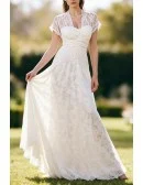 Gorgeous White Lace Wedding Dress With Short Sleeves And Sheer Neckline