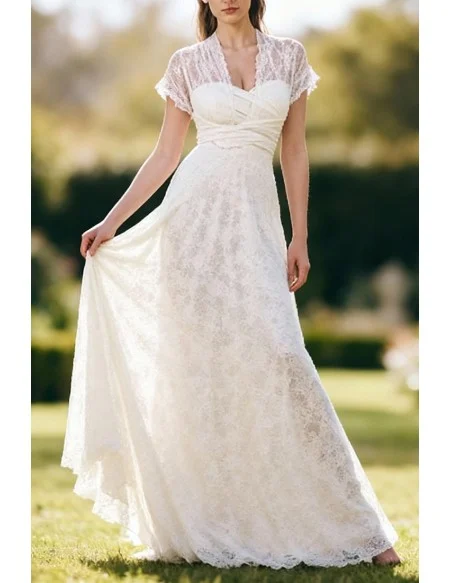 Gorgeous White Lace Wedding Dress With Short Sleeves And Sheer Neckline