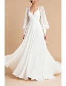 Elegant Ivory Chiffon Wedding Dress With Lantern Sleeves And V Neckline