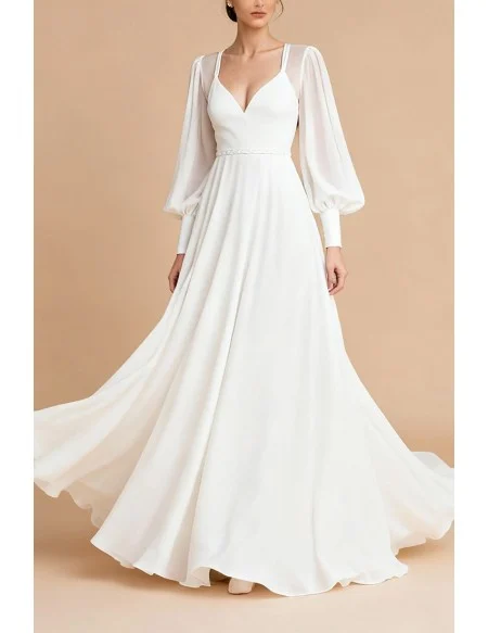 Elegant Ivory Chiffon Wedding Dress With Lantern Sleeves And V Neckline