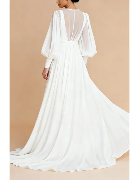 Elegant Ivory Chiffon Wedding Dress With Lantern Sleeves And V Neckline