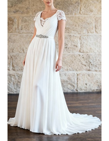 A-Line Chiffon Wedding Gown Featuring Beaded Waistband And Flowy Skirt