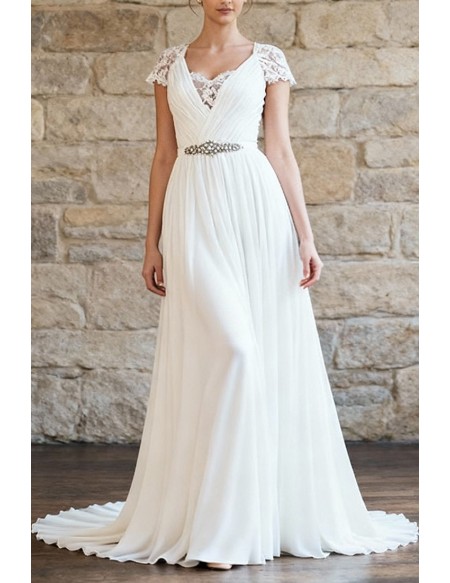 A-Line Chiffon Wedding Gown Featuring Beaded Waistband And Flowy Skirt