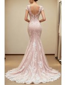 Romantic Blush Pink Lace Mermaid Wedding Dress With Cap Sleeves