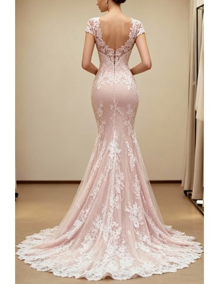 Romantic Blush Pink Lace Mermaid Wedding Dress With Cap Sleeves