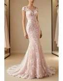Romantic Blush Pink Lace Mermaid Wedding Dress With Cap Sleeves
