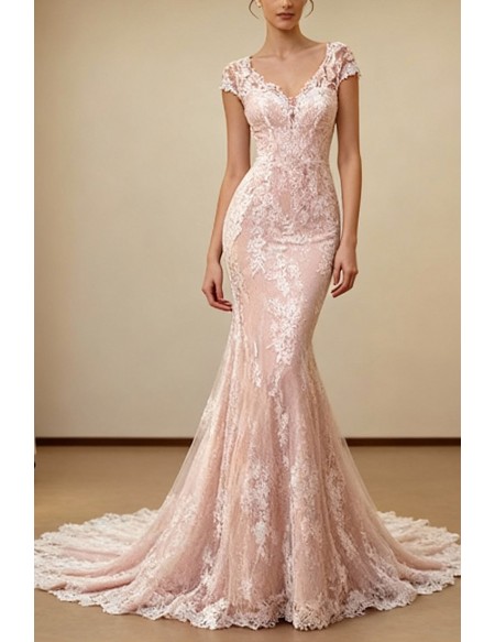 Romantic Blush Pink Lace Mermaid Wedding Dress With Cap Sleeves