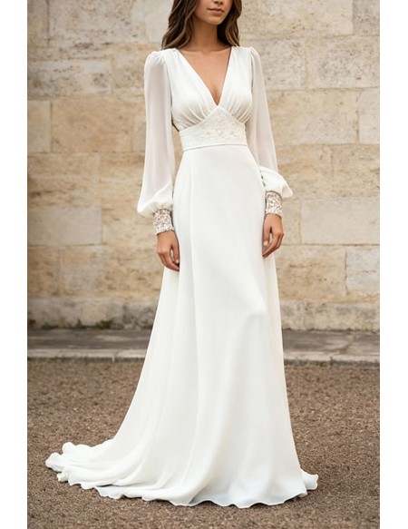 Elegant White Chiffon Open Back Wedding Dress With Long Sleeves And V-Neckline