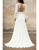 Elegant White Chiffon Open Back Wedding Dress With Long Sleeves And V-Neckline