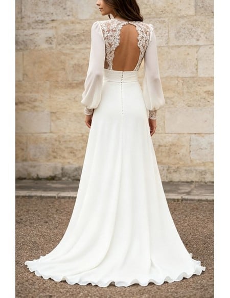 Elegant White Chiffon Open Back Wedding Dress With Long Sleeves And V-Neckline