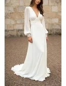 Elegant White Chiffon Open Back Wedding Dress With Long Sleeves And V-Neckline
