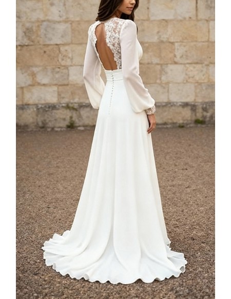 Elegant White Chiffon Open Back Wedding Dress With Long Sleeves And V-Neckline