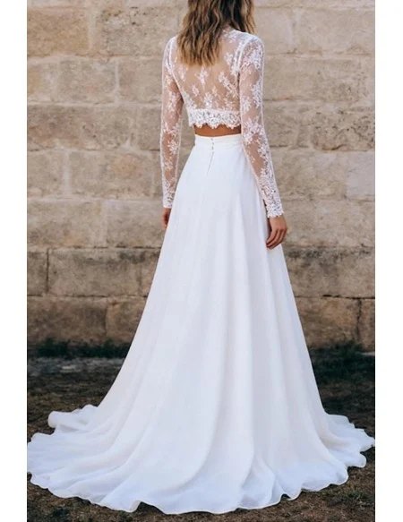 White Two Piece Wedding Dress With Lace Crop Top And Chiffon Skirt